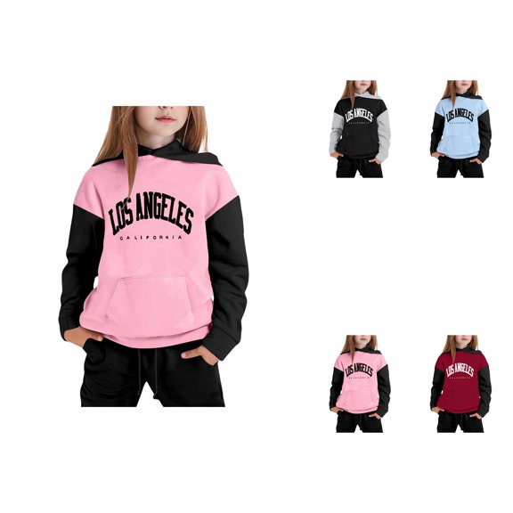 Coloured Long Sleeved Hooded Top and Pant Set, 2 Piece Girls Jogger Set with California Letter Print Pullover Hoodie Sweatshirt Lounge Outfit Fall Clothes for 4-14 Years