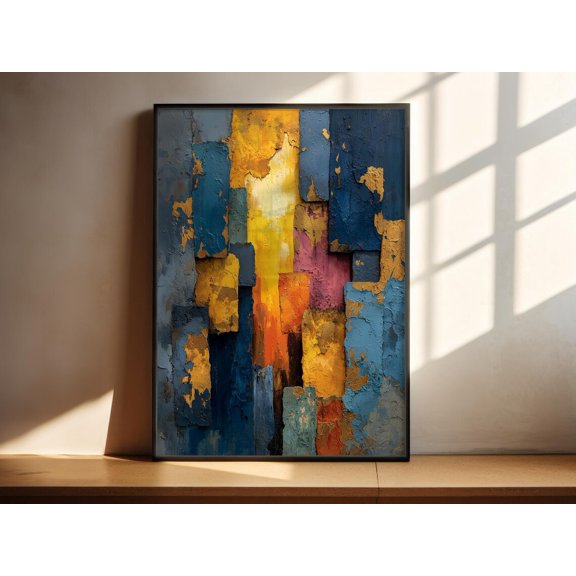 Colourful Abstract Wall Art Blue Print Geometric Block Modern Decor, Unframed Paper Print