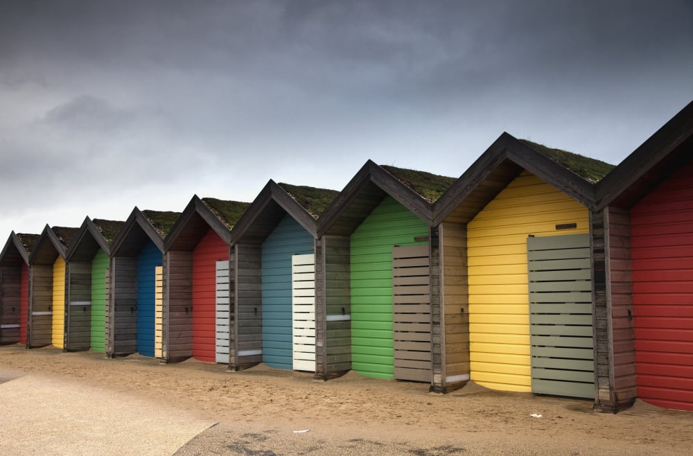 Colourful Beach Huts Blythe Northumberland England Canvas Art - John Short  Design Pics (38 x 24)