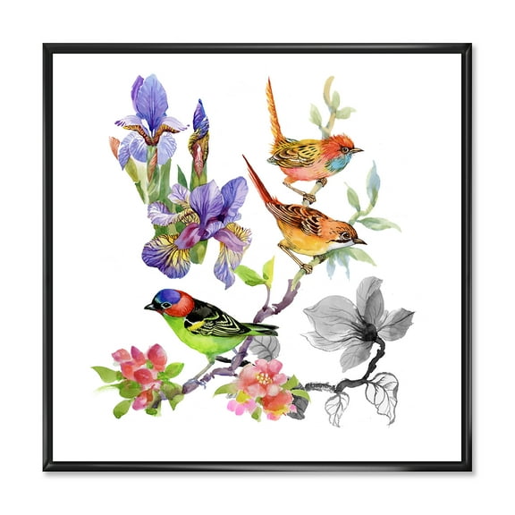 Colourful Birds and Tropical Flowers I 16 in x 16 in Framed Painting Canvas Art Print, by Designart