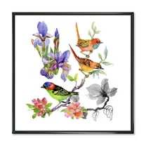Colourful Birds and Tropical Flowers I 16 in x 16 in Framed Painting Canvas Art Print, by Designart