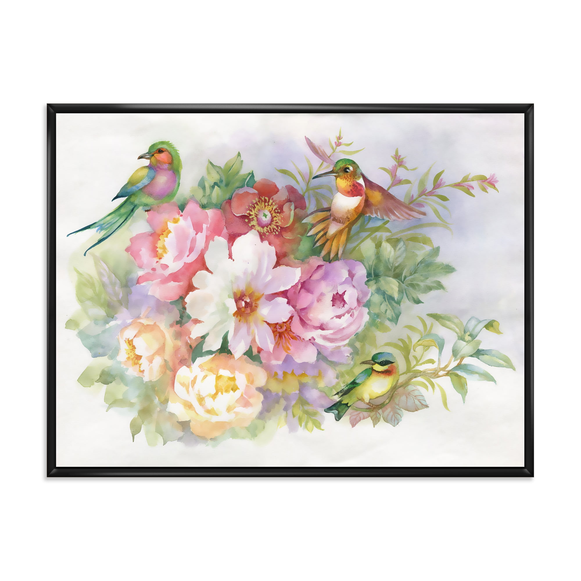 Colourful Birds and Vibrant VIntage Flowers 40 in x 30 in Framed Painting Canvas Art Print, by Designart
