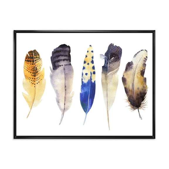 Colourful Boho Art Feather Set I 20 in x 12 in Framed Painting Canvas Art Print, by Designart