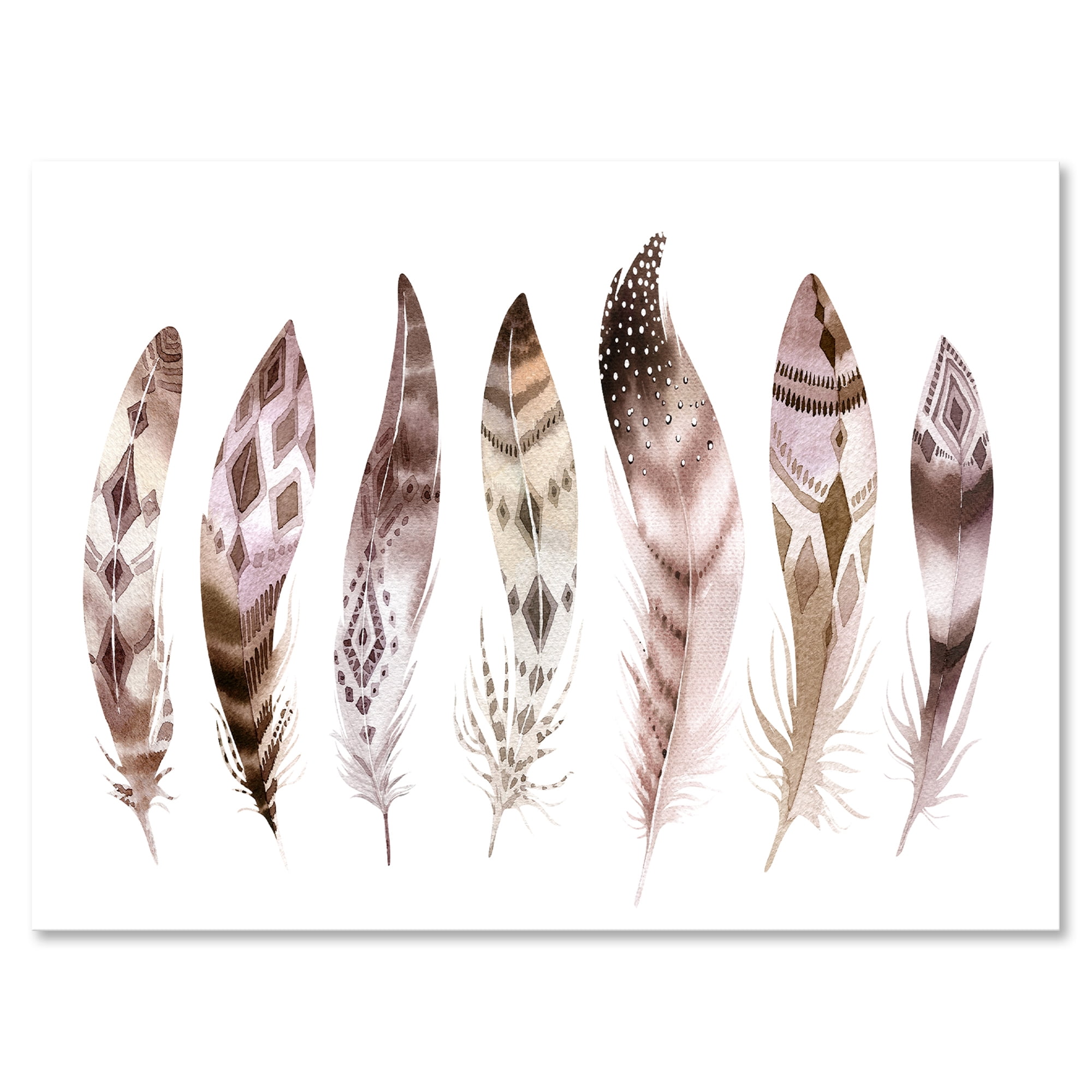 Colourful Boho Art Feather Set X 8 in x 12 in Painting Canvas Art Print, by Designart