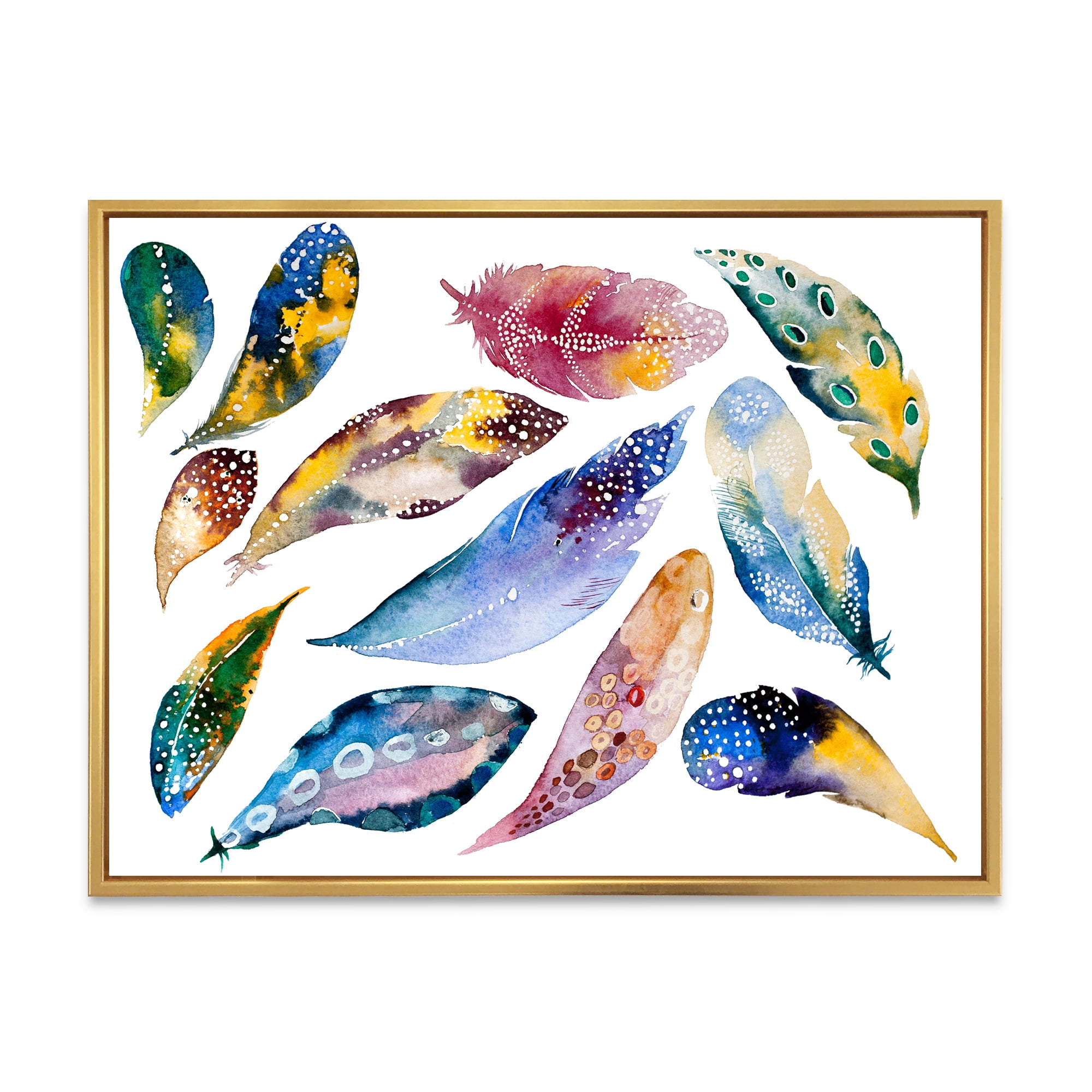 Colourful Boho Feather Set On White VI 20 in x 12 in Framed Painting Canvas Art Print, by Designart