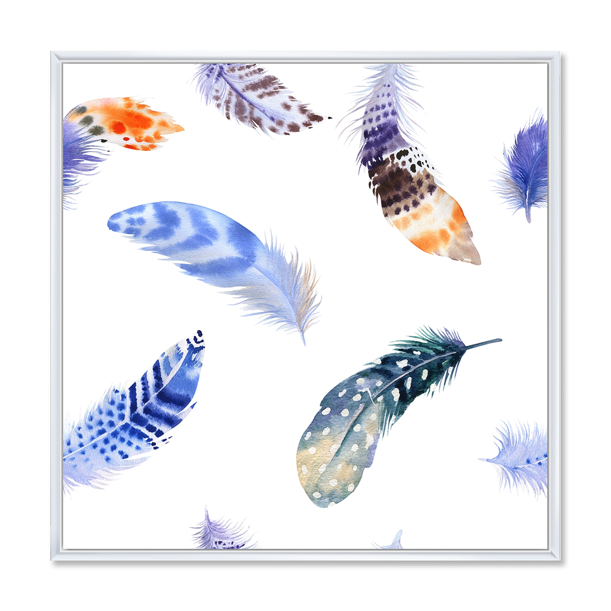 Colourful Boho Feather Set On White VII 16 in x 16 in Framed Painting Canvas Art Print, by Designart