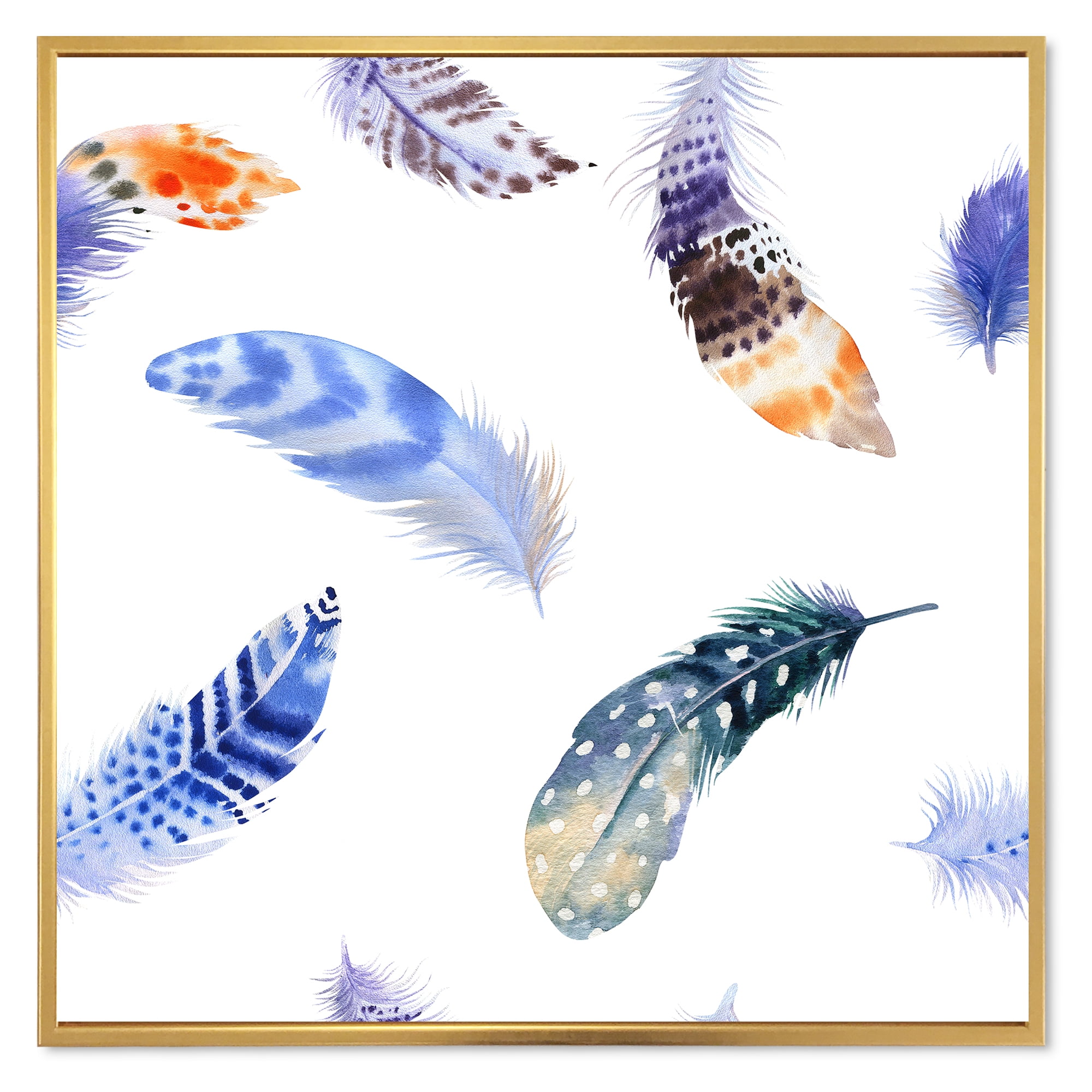Colourful Boho Feather Set On White VII 36 in x 36 in Framed Painting Canvas Art Print, by Designart