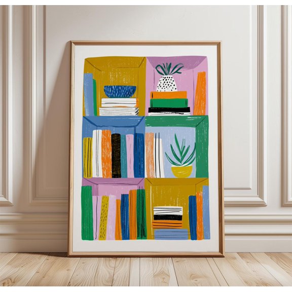 Colourful Bookshelf Poster Abstract Reading Wall Art Modern Library Print