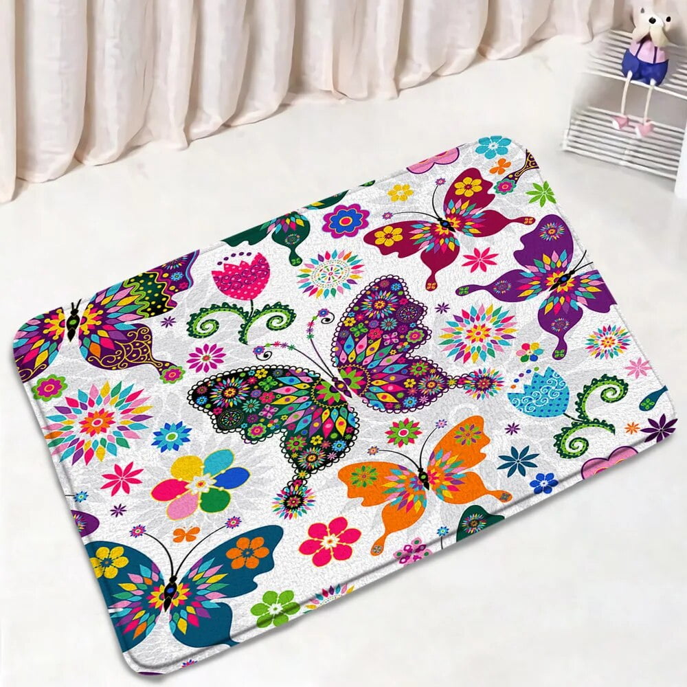 Colourful Butterfly Bath Mat Set Cartoon Flowers Butterflies Abstract ...