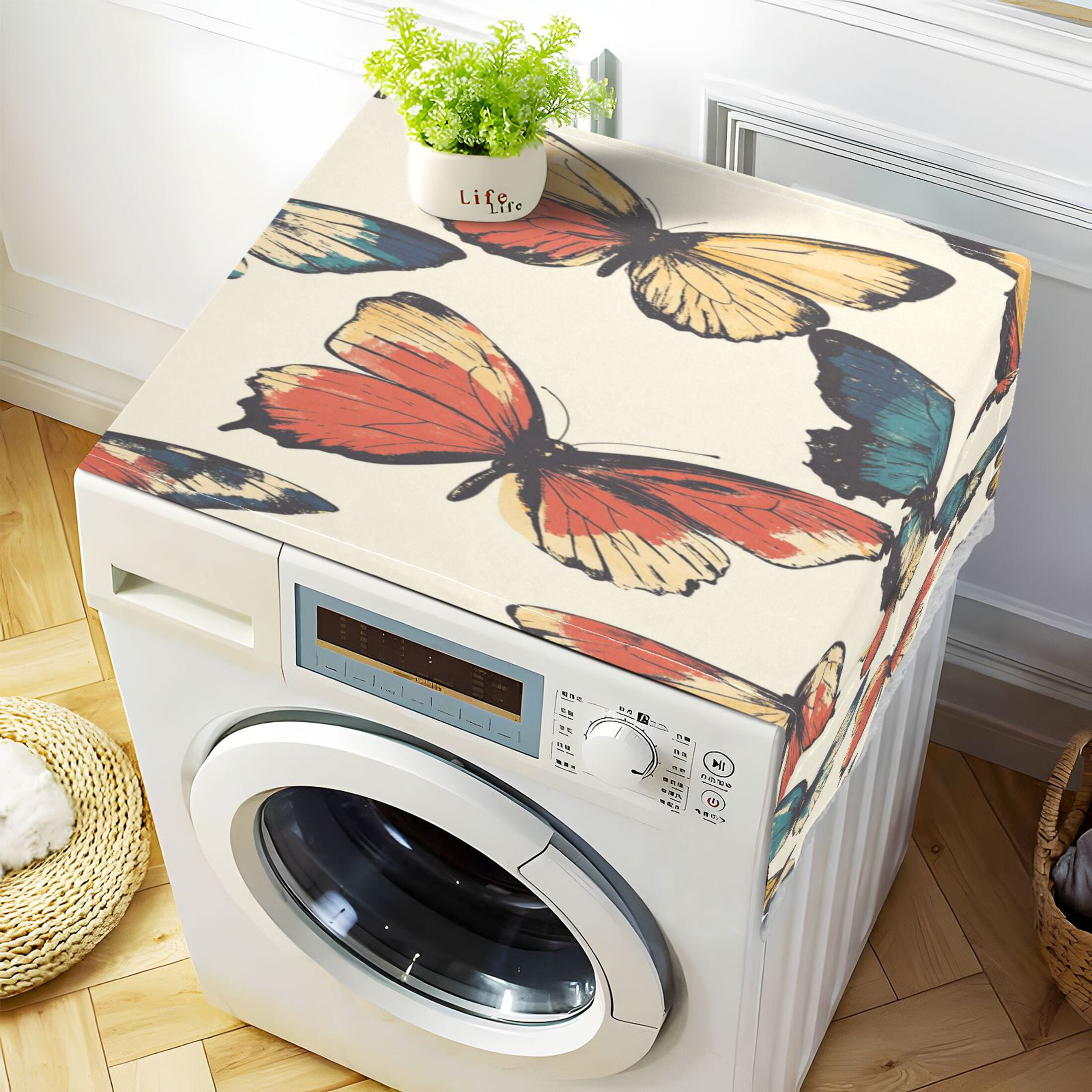 Colourful ButterflyWasher and Dryer Covers Dust-Proof and Oil Resistant Fridge Cover with 4 Storage Pockets Washing Machine Top Cover for Laundry Kitchen Home 51.2 x 22 In
