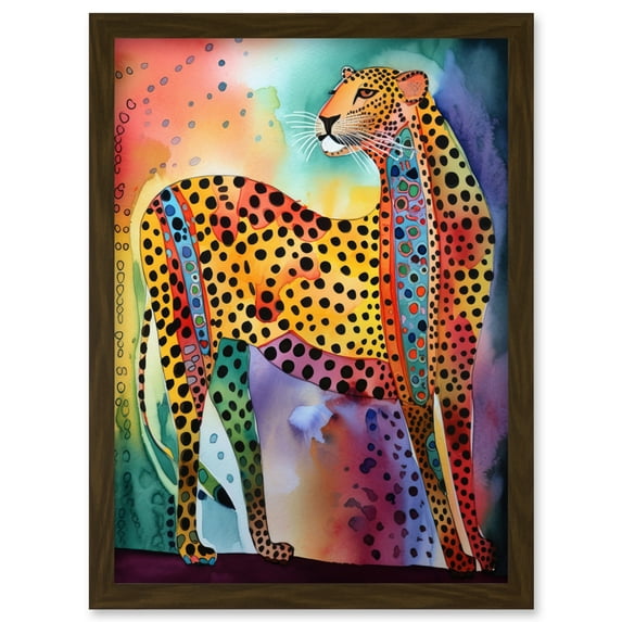 Colourful Cheetah Folk Art Watercolour Painting Artwork Framed Wall Art Print A4