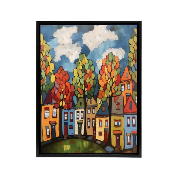 Colourful Cityscape With Autumn Trees Black Framed Canvas Wall Art Print 12X16"