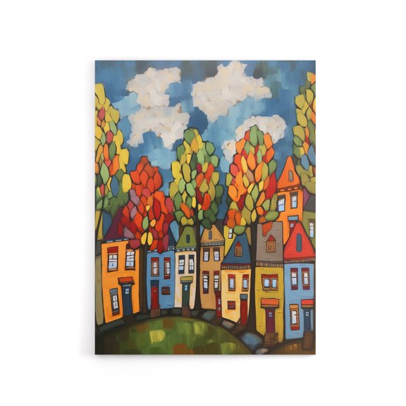 Colourful Cityscape With Autumn Trees Canvas Wall Art Print 12X16"