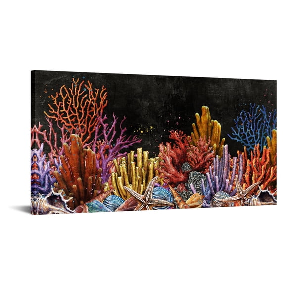 Colourful Coral Reef Under The Ocean Black Background Modern Home Art Canvas Prints Gallery Wrap Giclee Printing & Ready to Hang - 20" x 40"