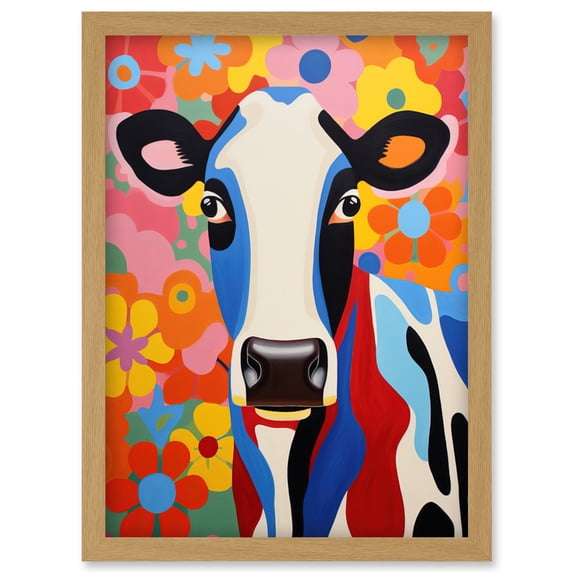 Colourful Cow Bright Bold Floral Portrait Acrylic Painting Vibrant Folk Art Flower Artwork Friesian Kids Bedroom Artwork Framed Wall Art Print A4