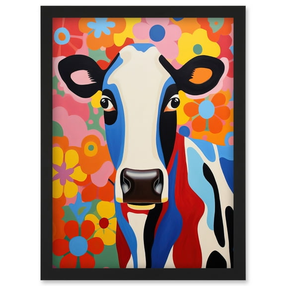 Colourful Cow Bright Bold Floral Portrait Acrylic Painting Vibrant Folk Art Flower Artwork Friesian Kids Bedroom Artwork Framed Wall Art Print A4