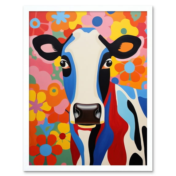 Colourful Cow Bright Bold Floral Portrait Acrylic Painting Vibrant Folk Art Flower Artwork Friesian Kids Bedroom Art Print Framed Poster Wall Decor 12x16 inch