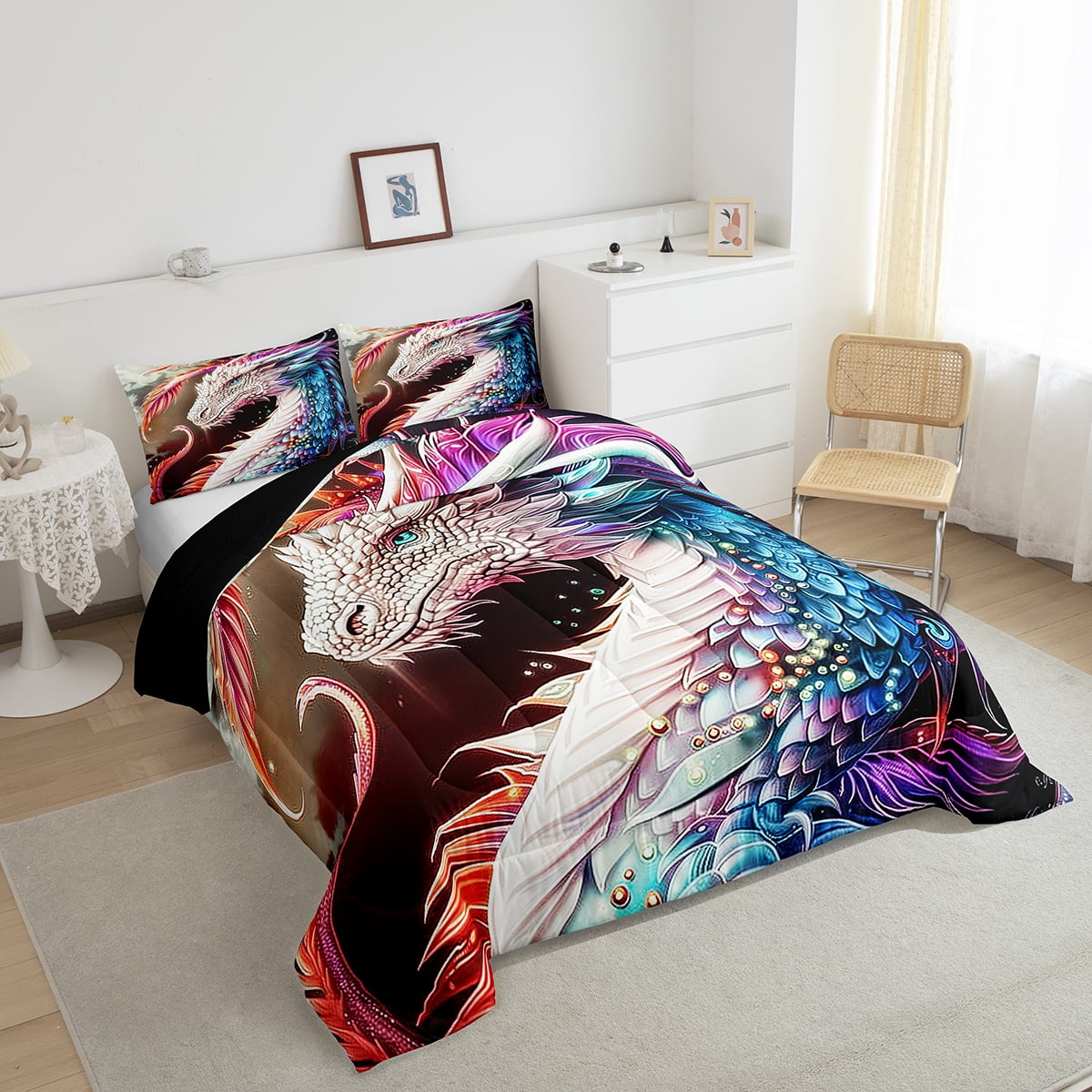 Colourful Dragon Queen Bedding Sets for Girls,Vintage Gothic Quilt