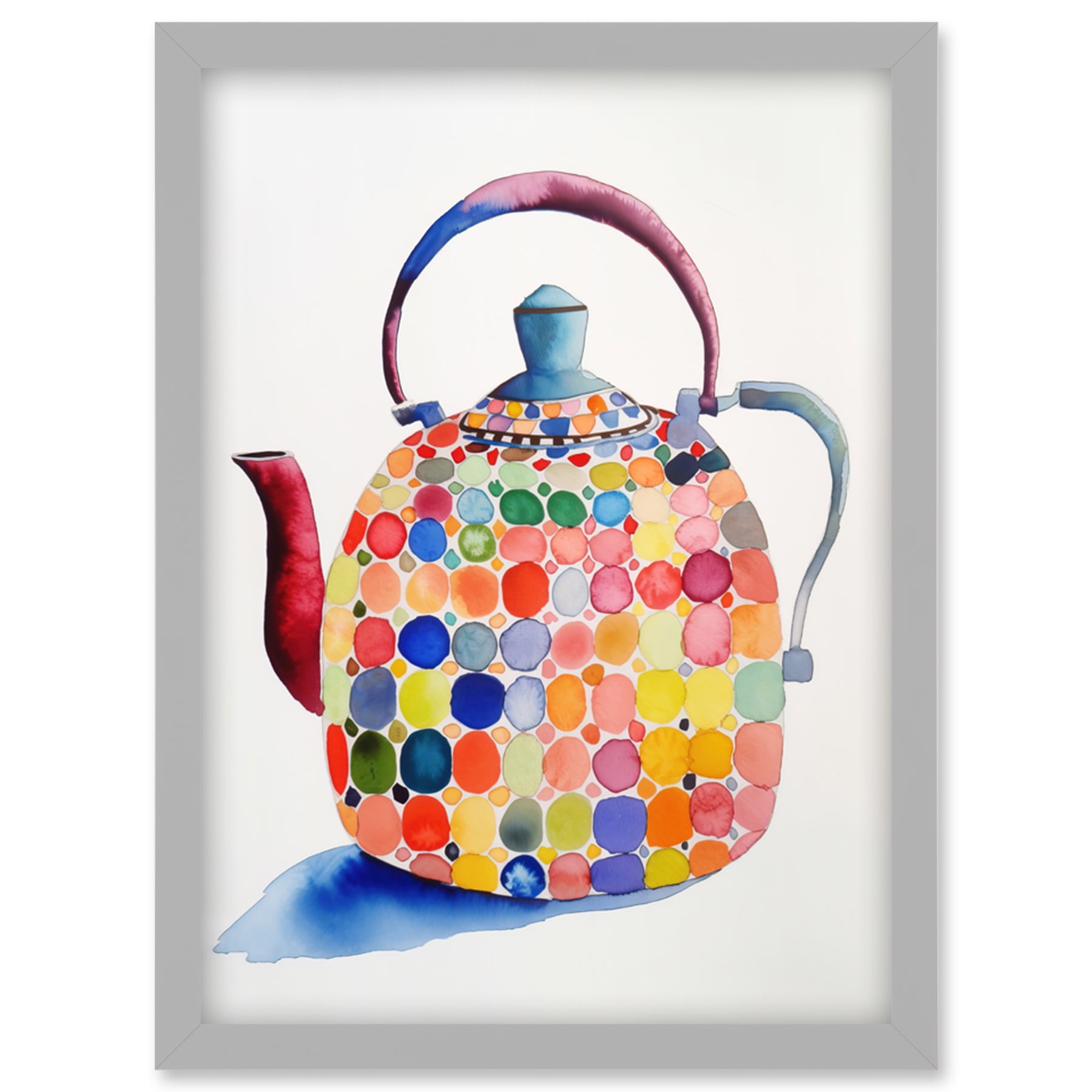 Colourful Enamelled Teapot Tea Kettle Folk Art Watercolour Painting