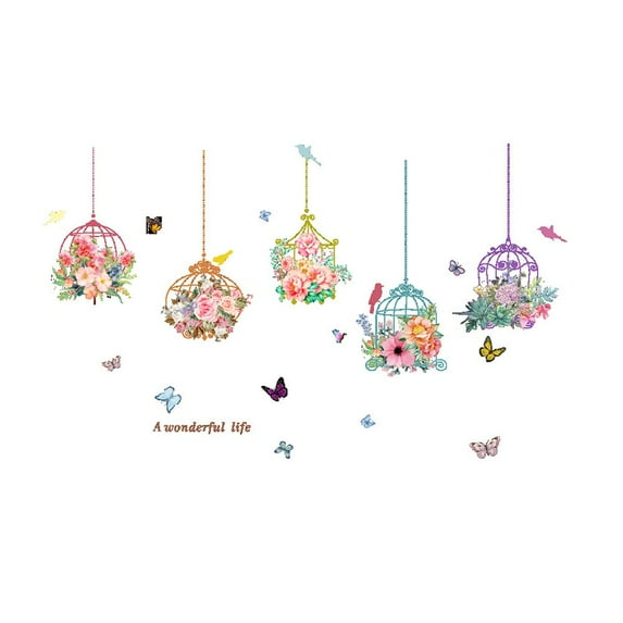 Colourful Flower & Bird Cage Butterfly Wall Stickers Art Decals Kids Room Decor
