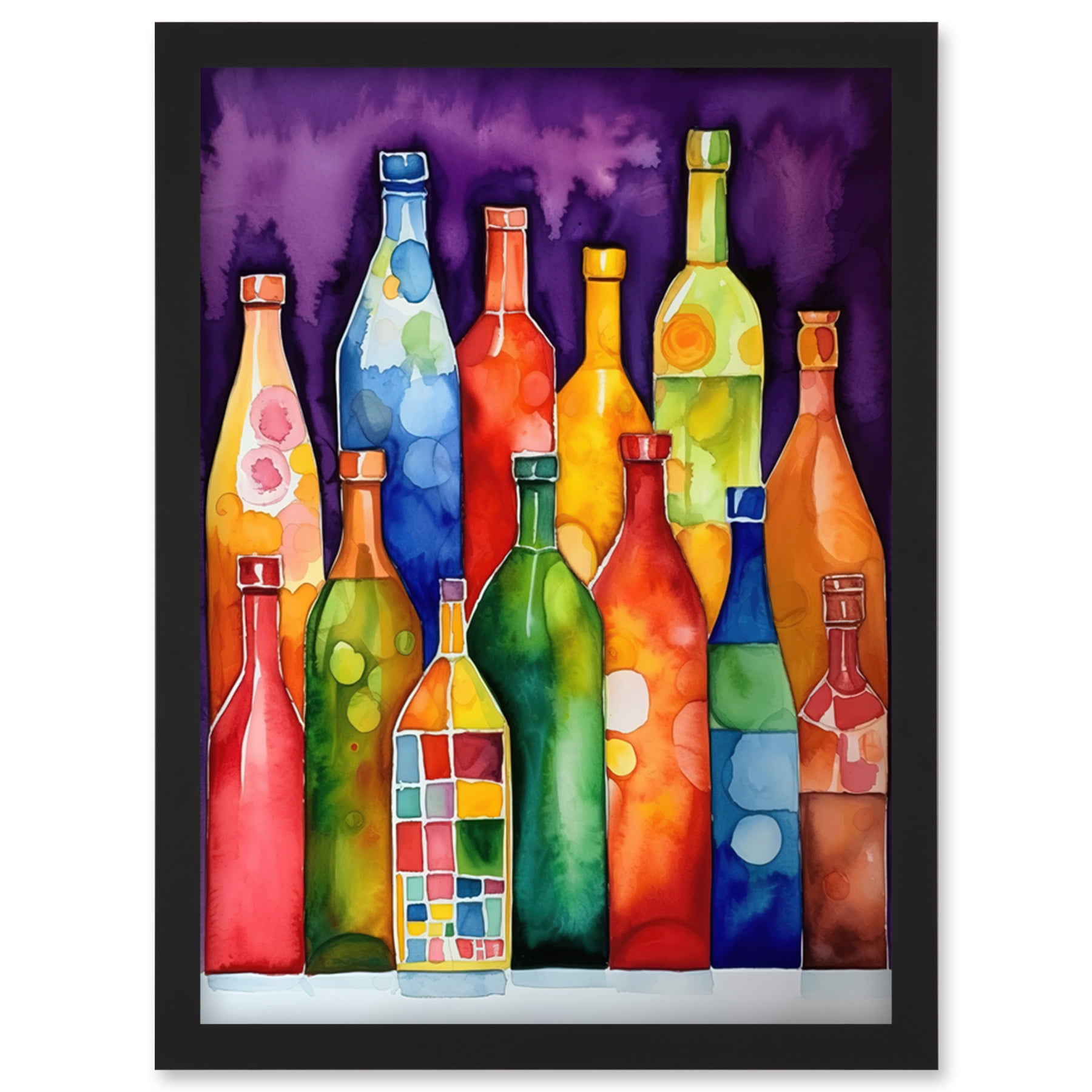Colourful Glass Mead Bottles Still Life Watercolour Painting Artwork