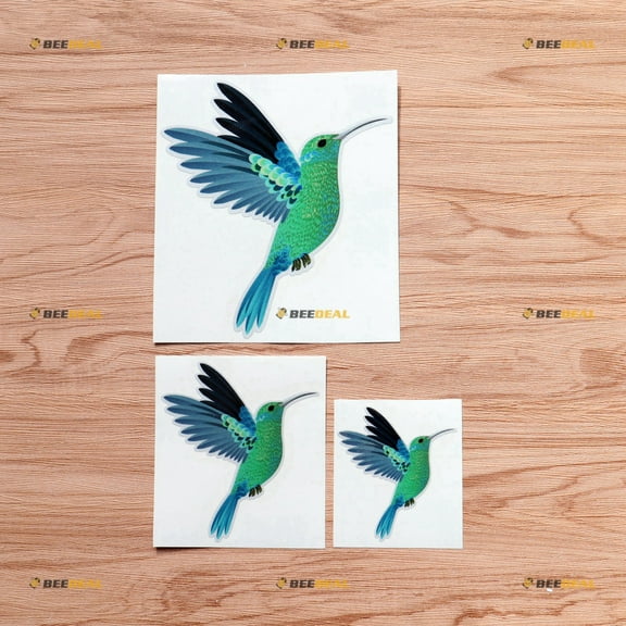 Colourful Green Flying Hummingbird Vinyl Decal Sticker - 3 Pack Reflective, 3 Inches, 4 Inches, 6 Inches - for Car Boat Laptop Cup Phone