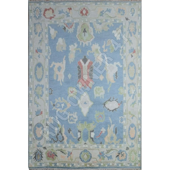 Colourful Handmade Oushak Area Rug Home Decor Rug 8X10 Hand-Knotted M Blue, Beige, Lt Pink, Ivory, Green, Wool Area Rug