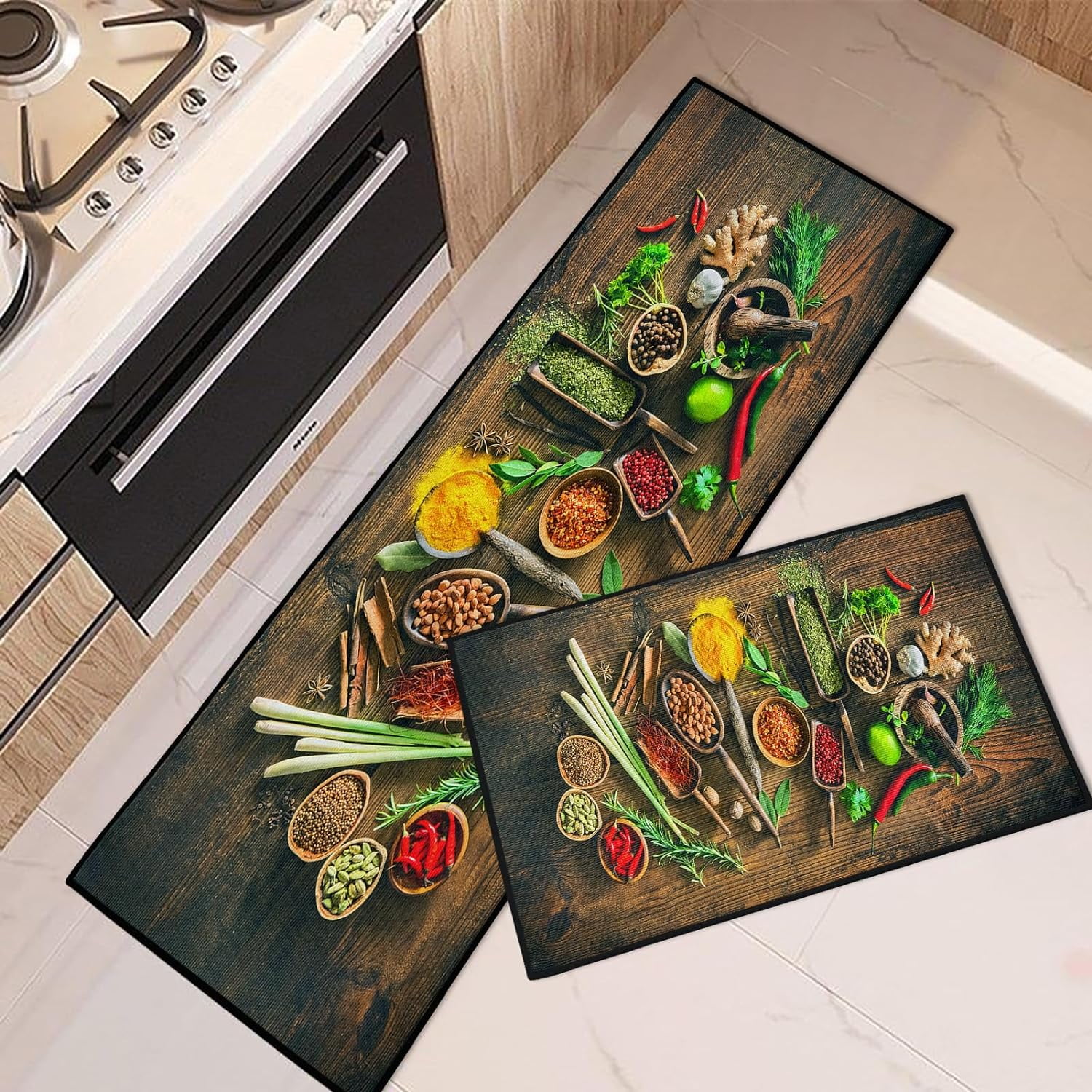 Colourful Herbs Kitchen Rugs and Mats Non Skid Washable Set of 2