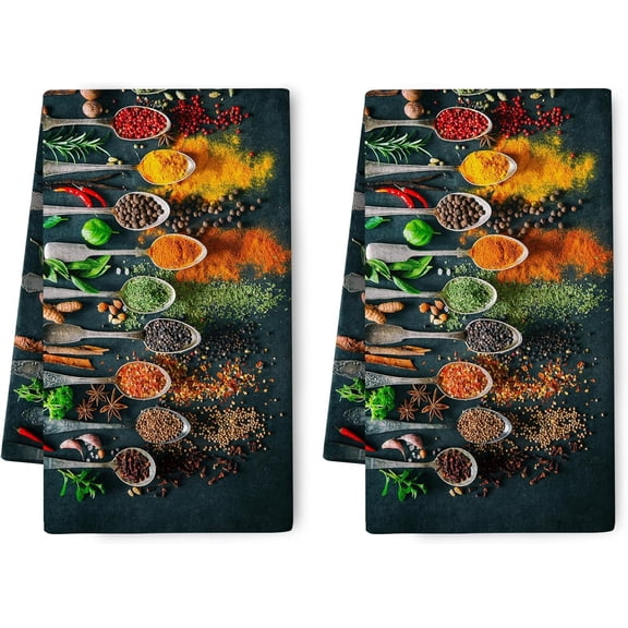 Colourful Herbs Spices Cooking Kitchen Dish Towels Decorative Set of 2, Soft Absorbent Hand Drying Baking Cloth Tea Towels for Kitchen Decor Housewarming Gifts 16x24 Inch