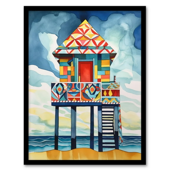 Colourful Lifeguard Tower on Sandy Beach Shore Folk Art Watercolour Painting Coastal Landscape Art Print Framed Poster Wall Decor 12x16 inch
