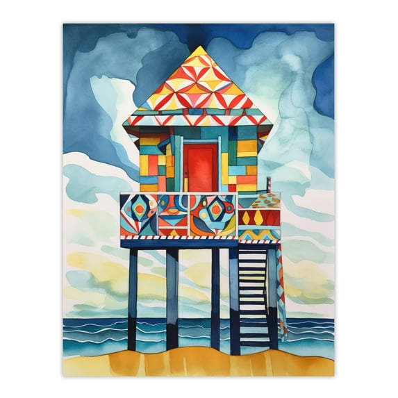 Colourful Lifeguard Tower on Sandy Beach Shore Folk Art Watercolour Painting Coastal Landscape Extra Large XL Wall Art Poster Print