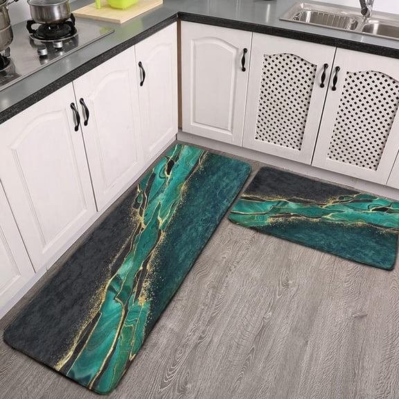 Colourful Marble Kitchen Rugs Kitchen Mat for Floor Set Gold Abstract Runner Rug Gold and Green Kitchen Accessories Floor Mats Black Kitchen Rug for Bathroom(17Wx24L+17Wx47L)