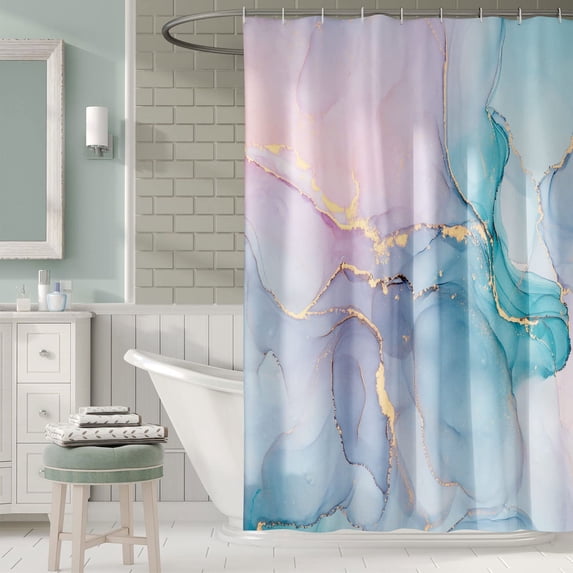 Colourful Marble Shower Curtain, Watercolor Abstract Shower Curtain with 12 Hooks, Waterproof Fabric Shower Curtain for Bathroom Set Decor, Luxury Gold Line Marble Print, 72 x 72 Inch, Blush
