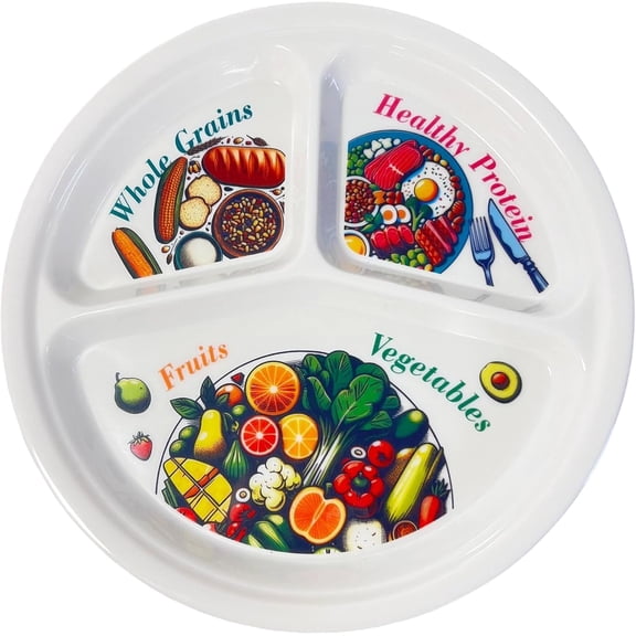 Colourful Melamine Portion Control Plate for Adults to Encourage Healthy Eating, Melamine Diet Plate Visually Divided for Slimming and Weight Loss