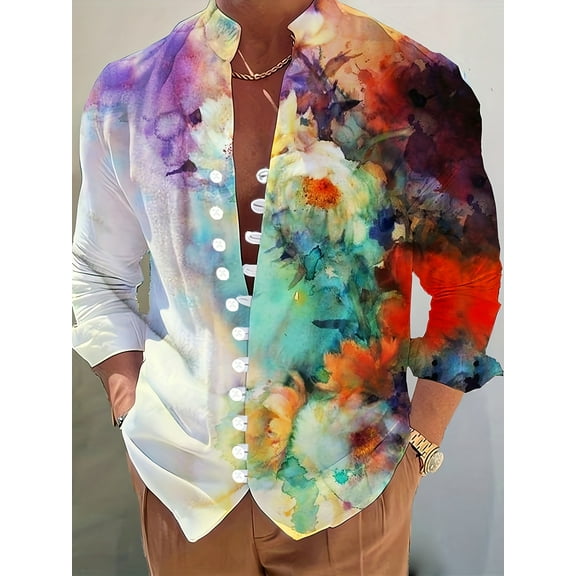 Colourful Mens Long Sleeve Shirts Hawaiian Button-Down T Shirts Loose Tees Tops Multicolor XL