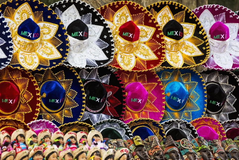 Colourful Mexican sombreros Mayan masks and Mexican dolls on display Chichen Itza Yucatan Mexico Canvas Art - Michael Interisano Design Pics (19 x 12)
