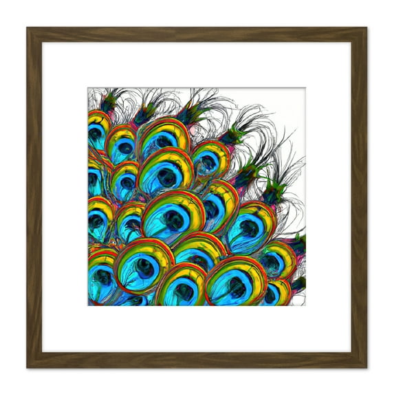 Colourful Peacock Feather Abstract Oil Painting Square Wooden Framed Wall Art Print Picture 8X8 Inch