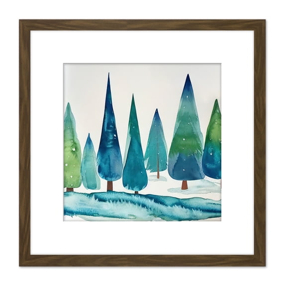 Colourful Pine Trees Wintery Artic Naive Folk Art Style Square Wooden Framed Wall Art Print Picture 8X8 Inch