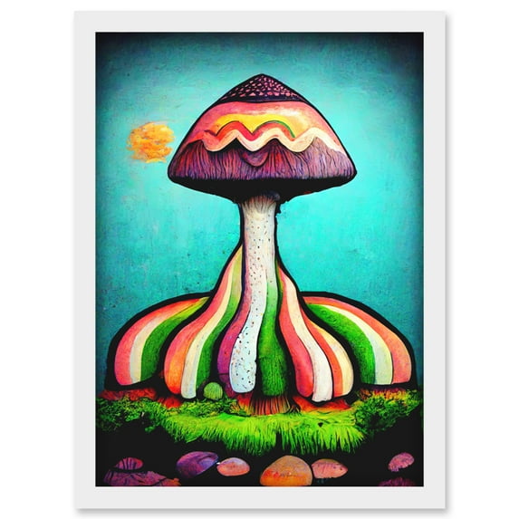 Colourful Psychedelic Cartoon Mushroom Painting Artwork Framed Wall Art Print A4