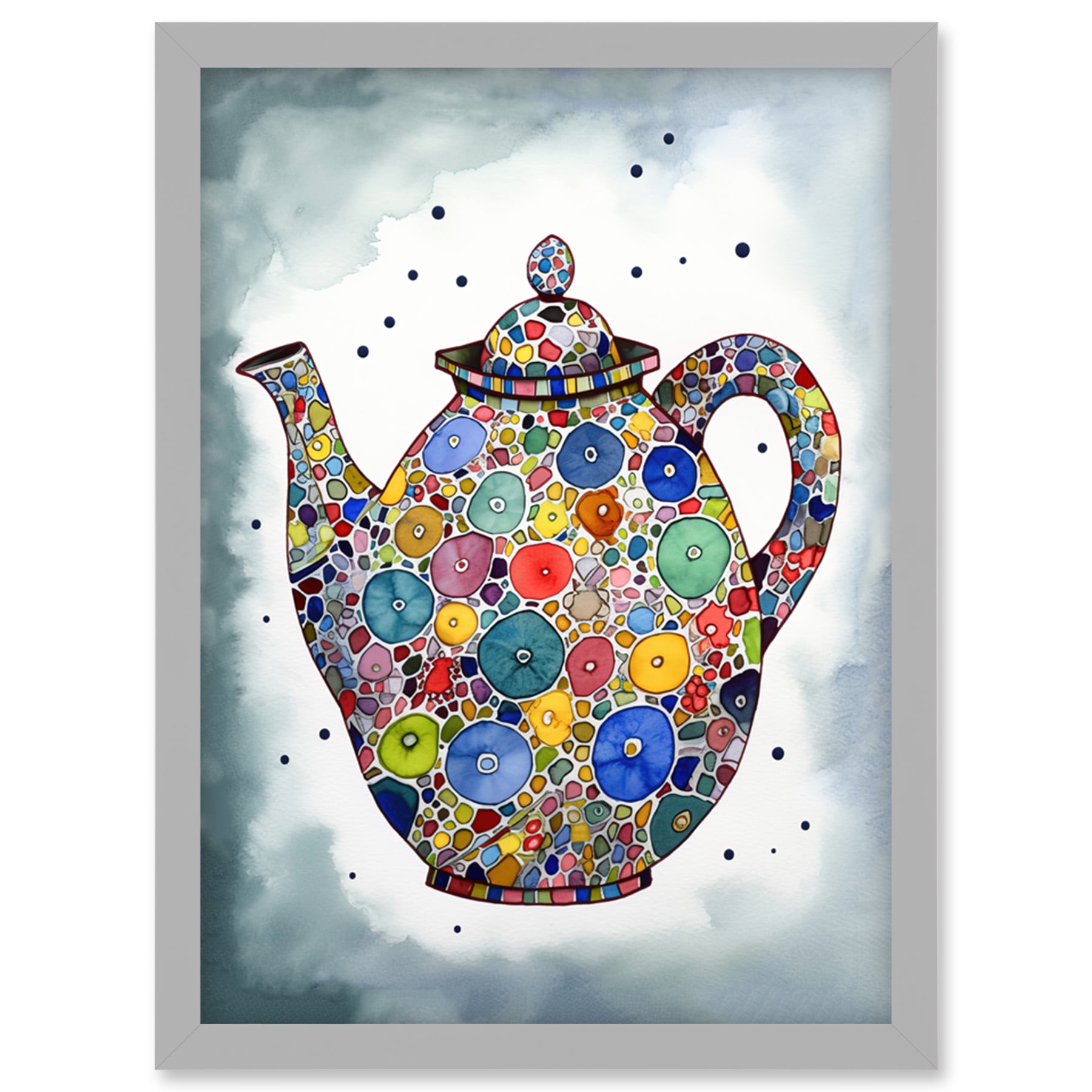 Colourful Teapot Folk Art Kitchen Artwork Framed Wall Art Print A4