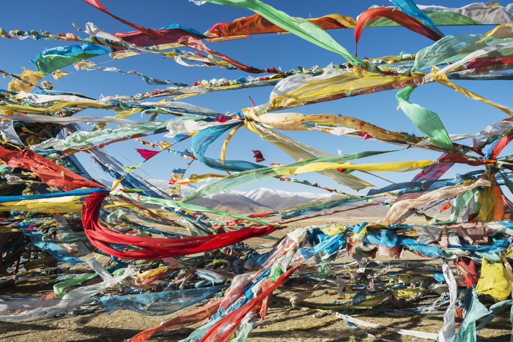 Colourful Tibetan prayer flags (Lung ta) under the strong wind with white mountain tops in the background Qinghai province Tibet Canvas Art - Sergey Orlov Design Pics (19 x 12)