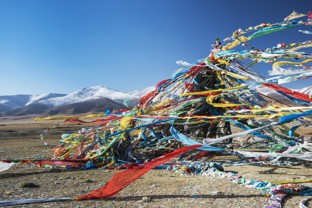 Colourful Tibetan prayer flags (Lung ta) under the strong wind with white mountain tops in the background Qinghai province Tibet Canvas Art - Sergey Orlov Design Pics (19 x 12)