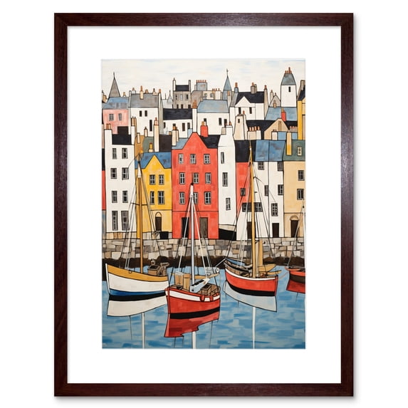 Colourful Town Harbour Acrylic Painting Red Yellow Blue Fishing Boats Coastal Townscape Artwork Framed Wall Art Print 9X7 Inch