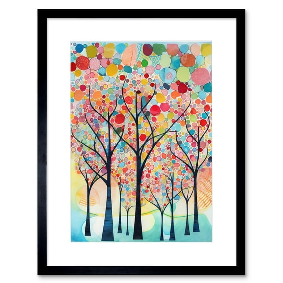 Colourful Trees Blooming In Spring Folk Art Watercolour Painting Artwork Framed Print Wall Art 9X7 Inch