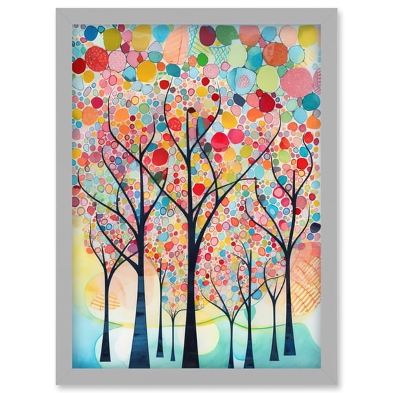 Colourful Trees Blooming In Spring Folk Art Watercolour Painting Artwork Framed Wall Art Print A4