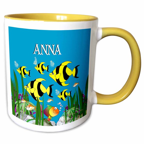 3drose, Colourful Tropical Plants and Fish Design Personalized with a Female Name Anna, 11oz Two-tone Yellow Mug