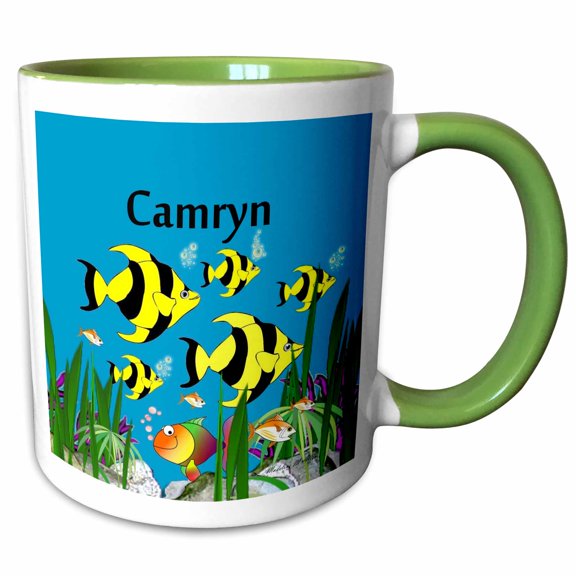 3drose, Colourful Tropical Plants and Fish Design Personalized with a Female Name Camryn, 11oz Two-tone Green Mug