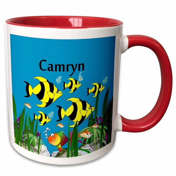 3drose, Colourful Tropical Plants and Fish Design Personalized with a Female Name Camryn, 11oz Two-tone Red Mug