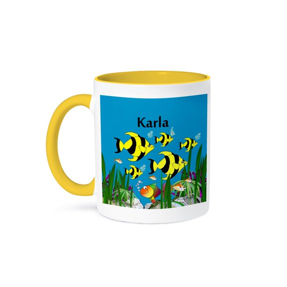 Colourful Tropical Plants And Fish Design Personalized With A Female Name Karla, 11oz Two-Tone Yellow Mug