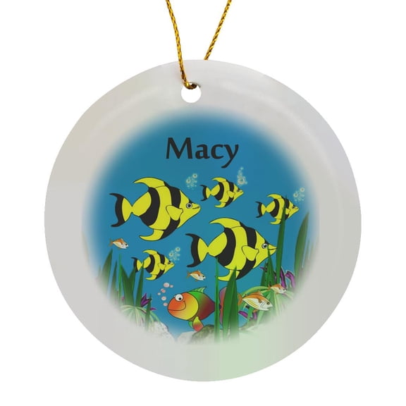 3drose, Colourful Tropical Plants and Fish Design Personalized with a Female Name Macy, Circle Porcelain Ornament